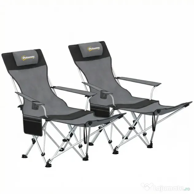 Outsunny Set de 2 Scaune de Camping Pliabile cu Suport pentru Picioare Detașabil, 82x100x88 cm, Negru | Aosom Romania