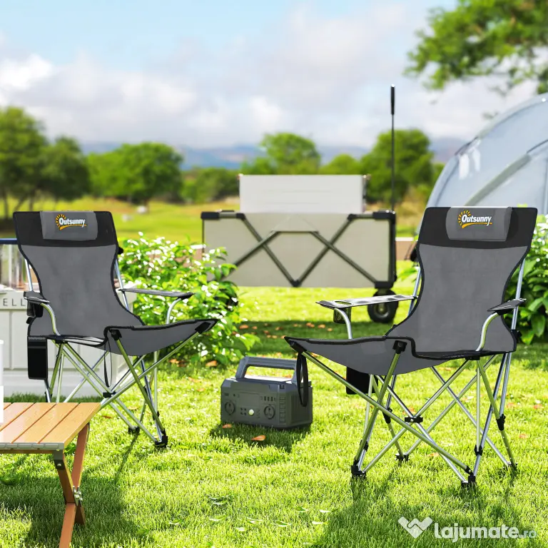 Outsunny Set de 2 Scaune de Camping Pliabile cu Suport pentru Picioare Detașabil, 82x100x88 cm, Negru | Aosom Romania