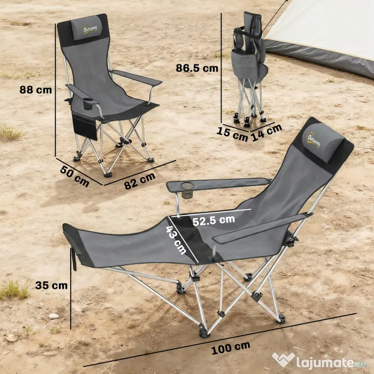 Outsunny Set de 2 Scaune de Camping Pliabile cu Suport pentru Picioare Detașabil, 82x100x88 cm, Negru | Aosom Romania