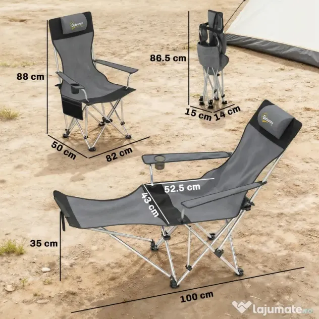Outsunny Set de 2 Scaune de Camping Pliabile cu Suport pentru Picioare Detașabil, 82x100x88 cm, Negru | Aosom Romania