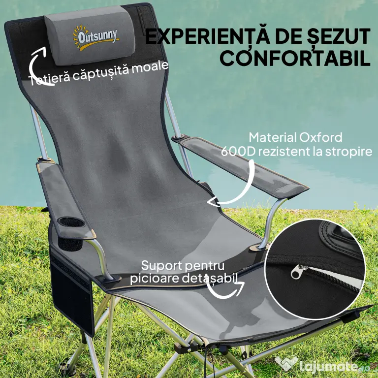 Outsunny Set de 2 Scaune de Camping Pliabile cu Suport pentru Picioare Detașabil, 82x100x88 cm, Negru | Aosom Romania