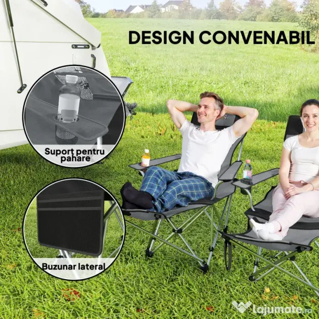 Outsunny Set de 2 Scaune de Camping Pliabile cu Suport pentru Picioare Detașabil, 82x100x88 cm, Negru | Aosom Romania