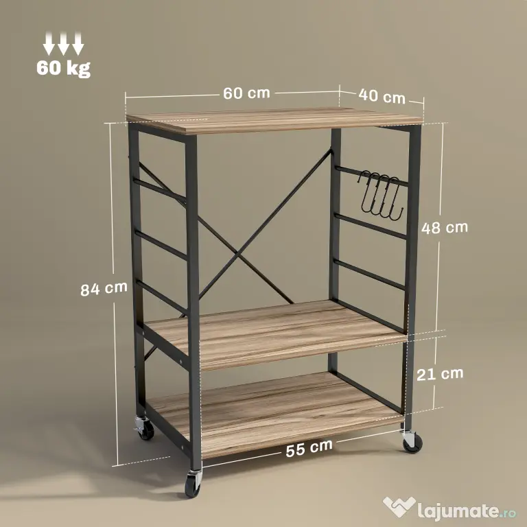 HOMCOM Raft de Bucătărie cu 3 Nivele, Roți și 4 Cârlige, 60x40x84 cm, Lemn Natural | Aosom Romania