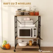 HOMCOM Raft de Bucătărie cu 3 Nivele, Roți și 4 Cârlige, 60x40x84 cm, Lemn Natural | Aosom Romania 