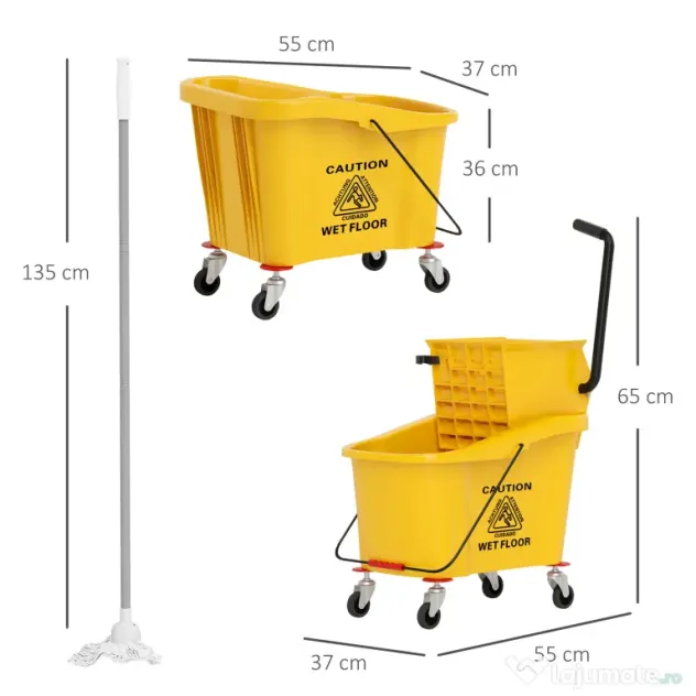 HOMCOM Găleată Profesională pentru Spălat Podele 36L cu Mop, Storcător, Roți și Mâner, 55x37x65 cm, Galben