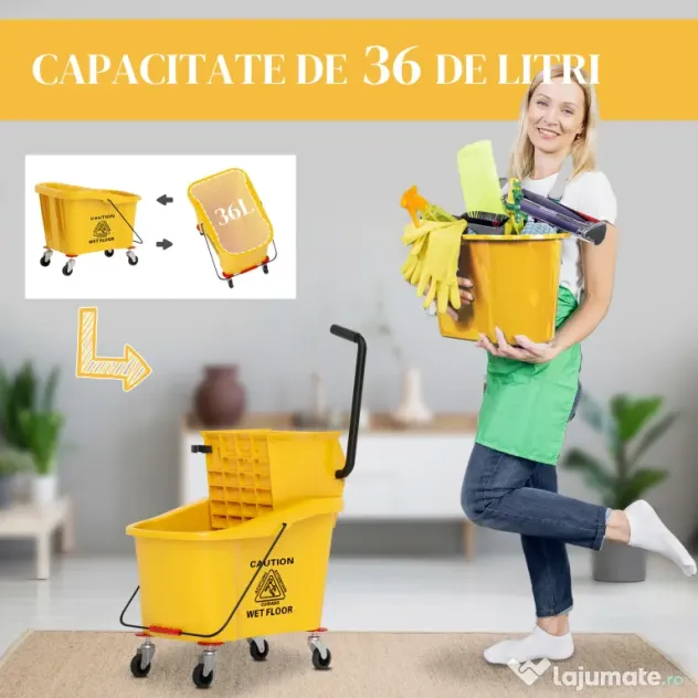 HOMCOM Găleată Profesională pentru Spălat Podele 36L cu Mop, Storcător, Roți și Mâner, 55x37x65 cm, Galben