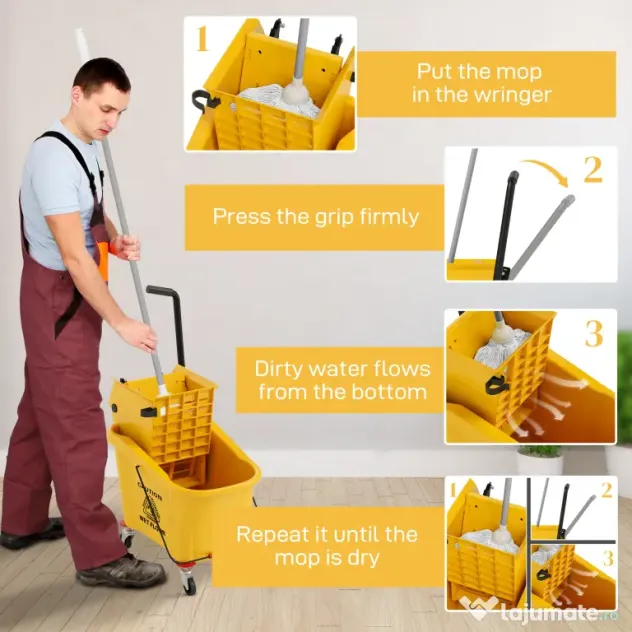 HOMCOM Găleată Profesională pentru Spălat Podele 36L cu Mop, Storcător, Roți și Mâner, 55x37x65 cm, Galben