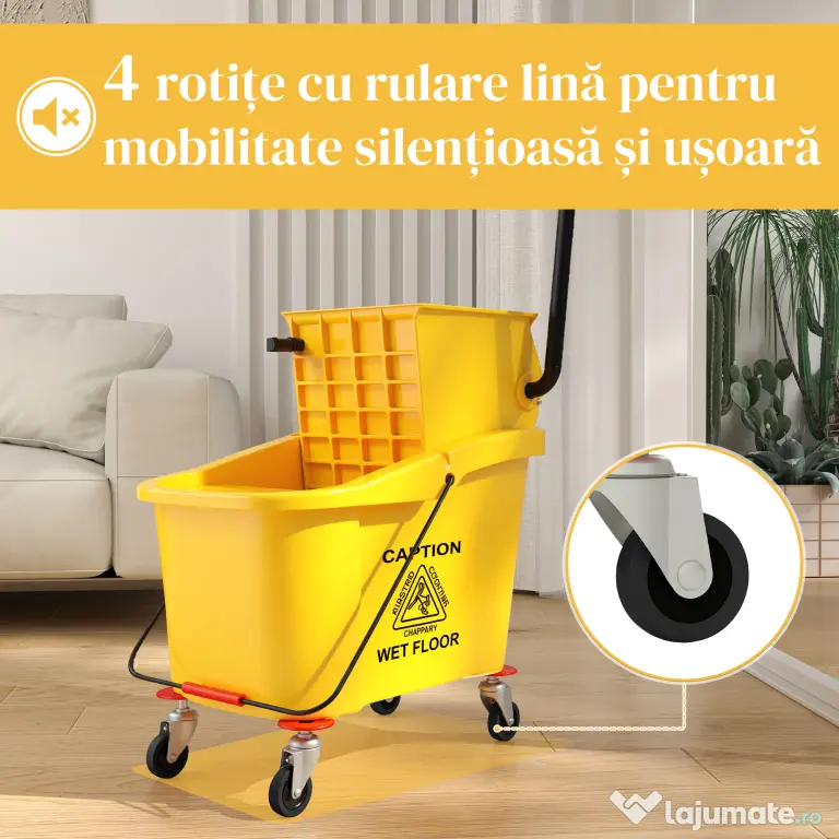 HOMCOM Găleată Profesională pentru Spălat Podele 36L cu Mop, Storcător, Roți și Mâner, 55x37x65 cm, Galben