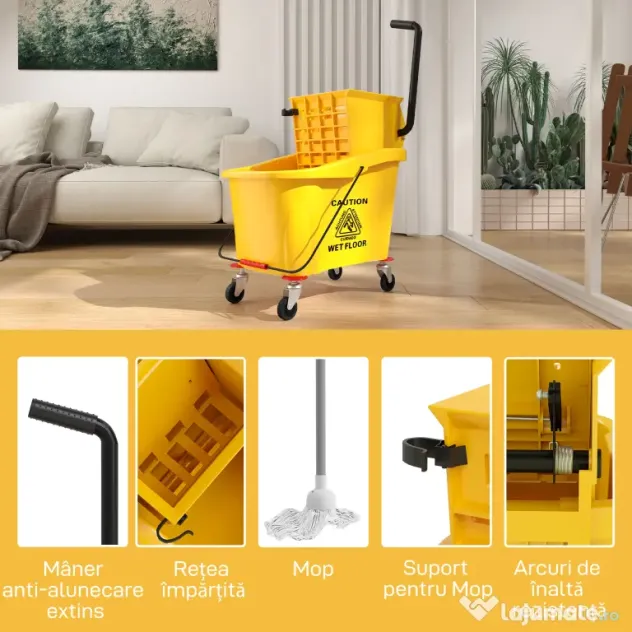 HOMCOM Găleată Profesională pentru Spălat Podele 36L cu Mop, Storcător, Roți și Mâner, 55x37x65 cm, Galben