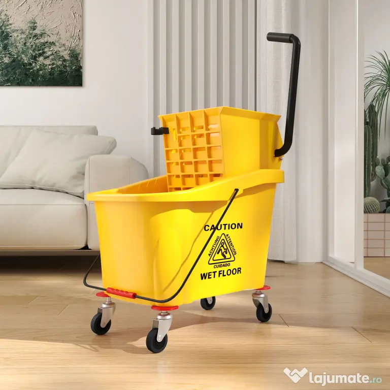 HOMCOM Găleată Profesională pentru Spălat Podele 36L cu Mop, Storcător, Roți și Mâner, 55x37x65 cm, Galben