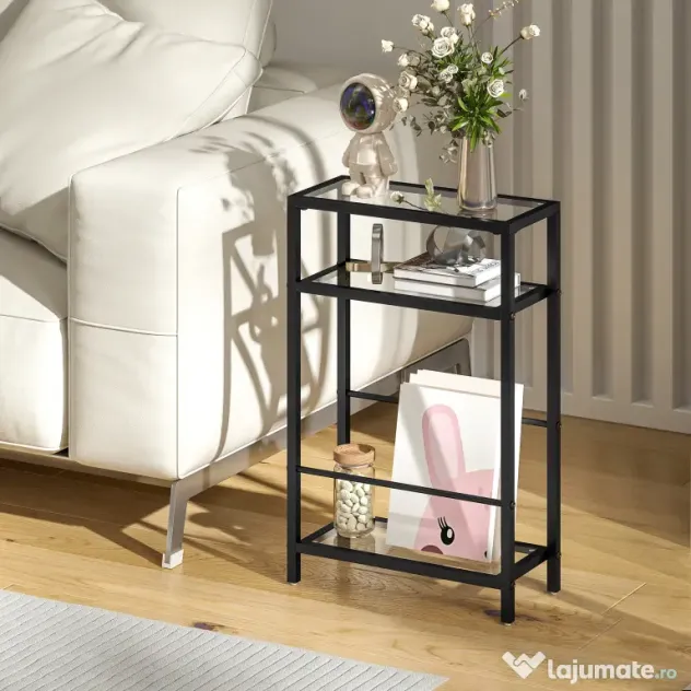 HOMCOM Măsuță de Cafea cu 3 Rafturi din Sticlă și Oțel 40x18x62 cm Negru | Aosom Romania