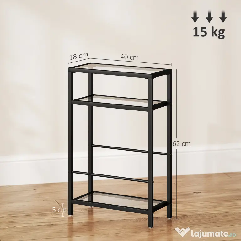 HOMCOM Măsuță de Cafea cu 3 Rafturi din Sticlă și Oțel 40x18x62 cm Negru | Aosom Romania