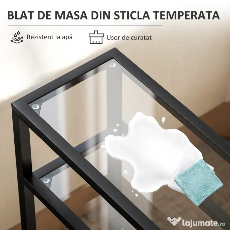 HOMCOM Măsuță de Cafea cu 3 Rafturi din Sticlă și Oțel 40x18x62 cm Negru | Aosom Romania