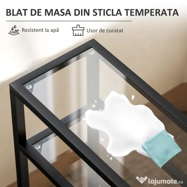 HOMCOM Măsuță de Cafea cu 3 Rafturi din Sticlă și Oțel 40x18x62 cm Negru | Aosom Romania