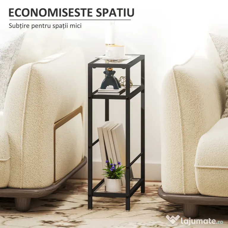 HOMCOM Măsuță de Cafea cu 3 Rafturi din Sticlă și Oțel 40x18x62 cm Negru | Aosom Romania