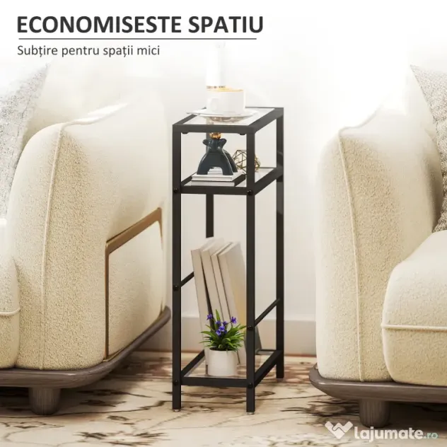 HOMCOM Măsuță de Cafea cu 3 Rafturi din Sticlă și Oțel 40x18x62 cm Negru | Aosom Romania