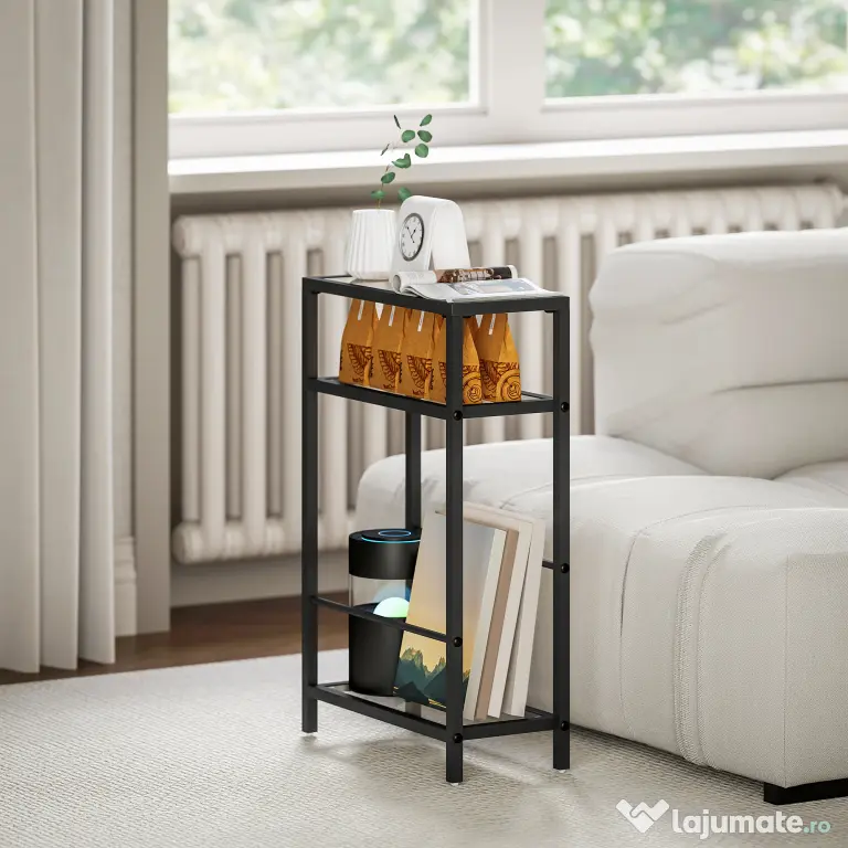 HOMCOM Măsuță de Cafea cu 3 Rafturi din Sticlă și Oțel 40x18x62 cm Negru | Aosom Romania