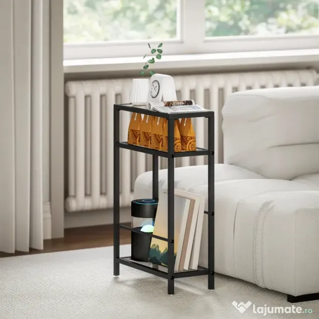 HOMCOM Măsuță de Cafea cu 3 Rafturi din Sticlă și Oțel 40x18x62 cm Negru | Aosom Romania