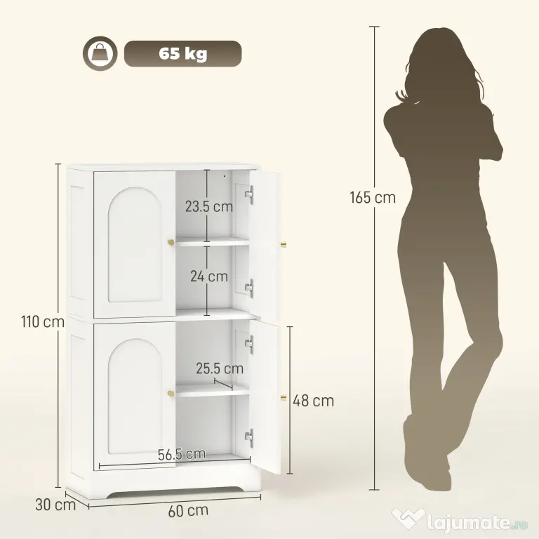 HOMCOM Comodă Bucătărie, Dulap Bucătărie cu 2 Dulapuri, 4 Uși Arcuite, 2 Rafturi Reglabile, cu Dispozitiv Anti-Răsturnare, 60x30x110 cm, pentru Sala de Masă, Living, Alb | Aosom Romania