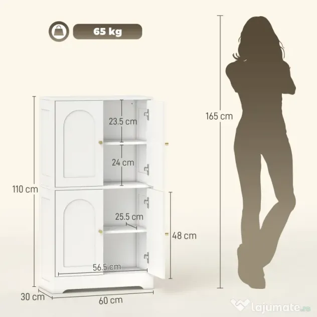 HOMCOM Comodă Bucătărie, Dulap Bucătărie cu 2 Dulapuri, 4 Uși Arcuite, 2 Rafturi Reglabile, cu Dispozitiv Anti-Răsturnare, 60x30x110 cm, pentru Sala de Masă, Living, Alb | Aosom Romania