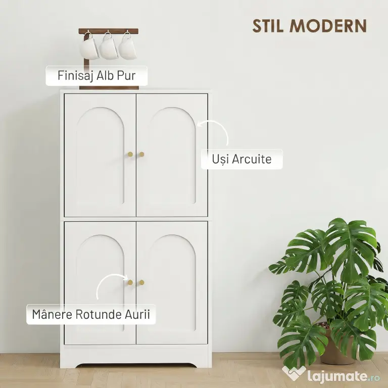 HOMCOM Comodă Bucătărie, Dulap Bucătărie cu 2 Dulapuri, 4 Uși Arcuite, 2 Rafturi Reglabile, cu Dispozitiv Anti-Răsturnare, 60x30x110 cm, pentru Sala de Masă, Living, Alb | Aosom Romania