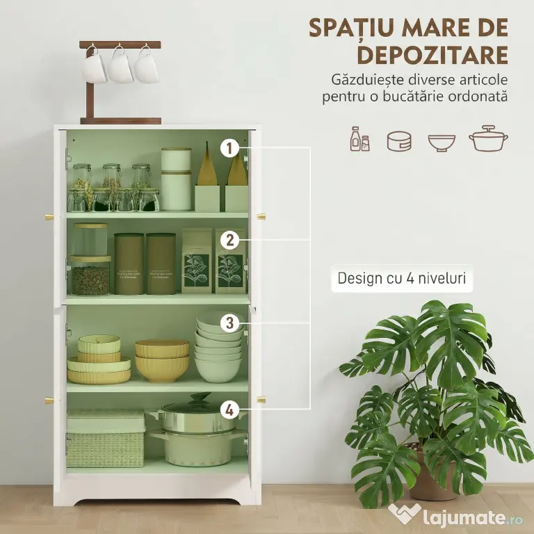HOMCOM Comodă Bucătărie, Dulap Bucătărie cu 2 Dulapuri, 4 Uși Arcuite, 2 Rafturi Reglabile, cu Dispozitiv Anti-Răsturnare, 60x30x110 cm, pentru Sala de Masă, Living, Alb | Aosom Romania