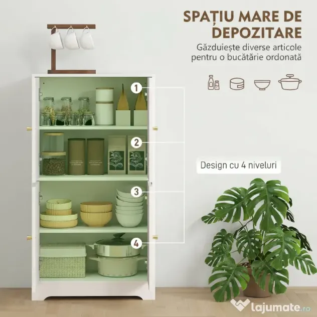 HOMCOM Comodă Bucătărie, Dulap Bucătărie cu 2 Dulapuri, 4 Uși Arcuite, 2 Rafturi Reglabile, cu Dispozitiv Anti-Răsturnare, 60x30x110 cm, pentru Sala de Masă, Living, Alb | Aosom Romania