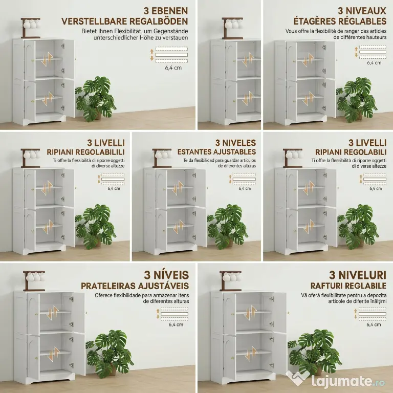HOMCOM Comodă Bucătărie, Dulap Bucătărie cu 2 Dulapuri, 4 Uși Arcuite, 2 Rafturi Reglabile, cu Dispozitiv Anti-Răsturnare, 60x30x110 cm, pentru Sala de Masă, Living, Alb | Aosom Romania
