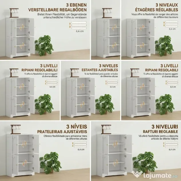 HOMCOM Comodă Bucătărie, Dulap Bucătărie cu 2 Dulapuri, 4 Uși Arcuite, 2 Rafturi Reglabile, cu Dispozitiv Anti-Răsturnare, 60x30x110 cm, pentru Sala de Masă, Living, Alb | Aosom Romania