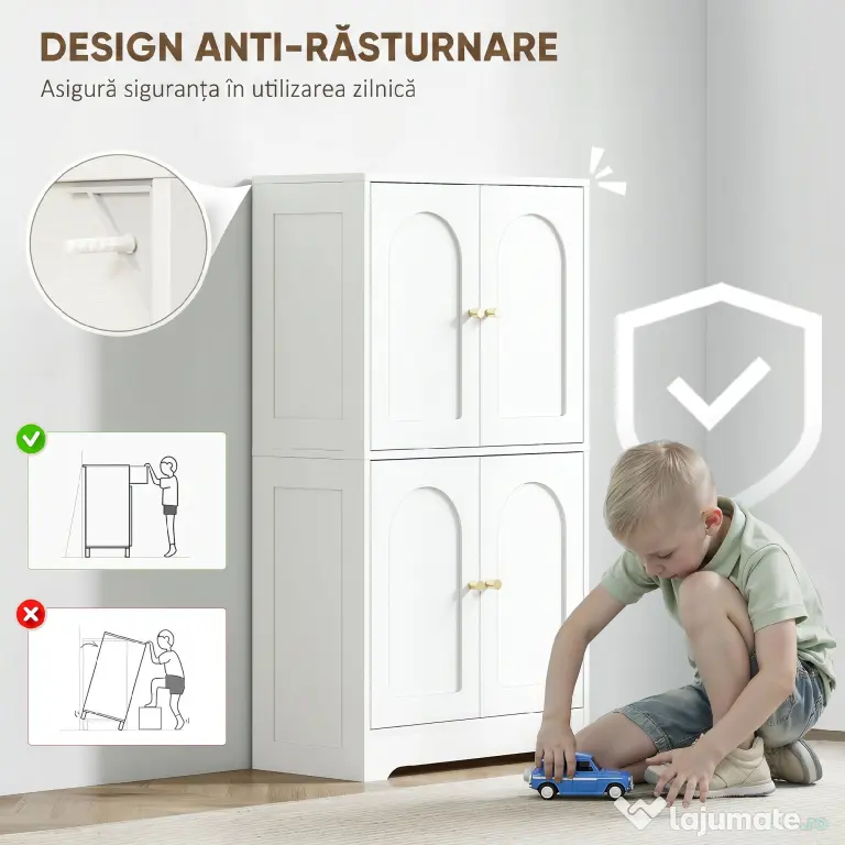 HOMCOM Comodă Bucătărie, Dulap Bucătărie cu 2 Dulapuri, 4 Uși Arcuite, 2 Rafturi Reglabile, cu Dispozitiv Anti-Răsturnare, 60x30x110 cm, pentru Sala de Masă, Living, Alb | Aosom Romania
