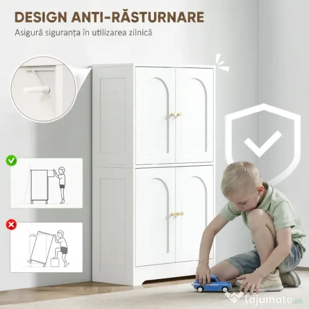 HOMCOM Comodă Bucătărie, Dulap Bucătărie cu 2 Dulapuri, 4 Uși Arcuite, 2 Rafturi Reglabile, cu Dispozitiv Anti-Răsturnare, 60x30x110 cm, pentru Sala de Masă, Living, Alb | Aosom Romania