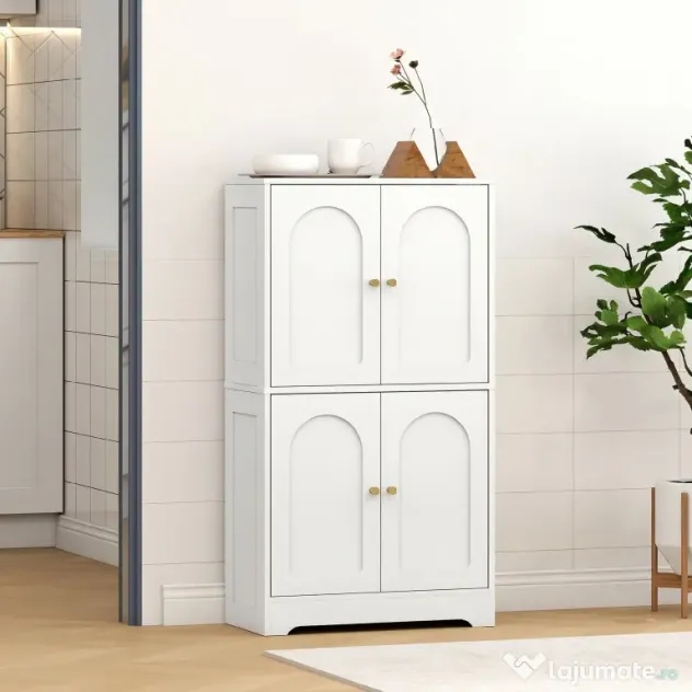 HOMCOM Comodă Bucătărie, Dulap Bucătărie cu 2 Dulapuri, 4 Uși Arcuite, 2 Rafturi Reglabile, cu Dispozitiv Anti-Răsturnare, 60x30x110 cm, pentru Sala de Masă, Living, Alb | Aosom Romania