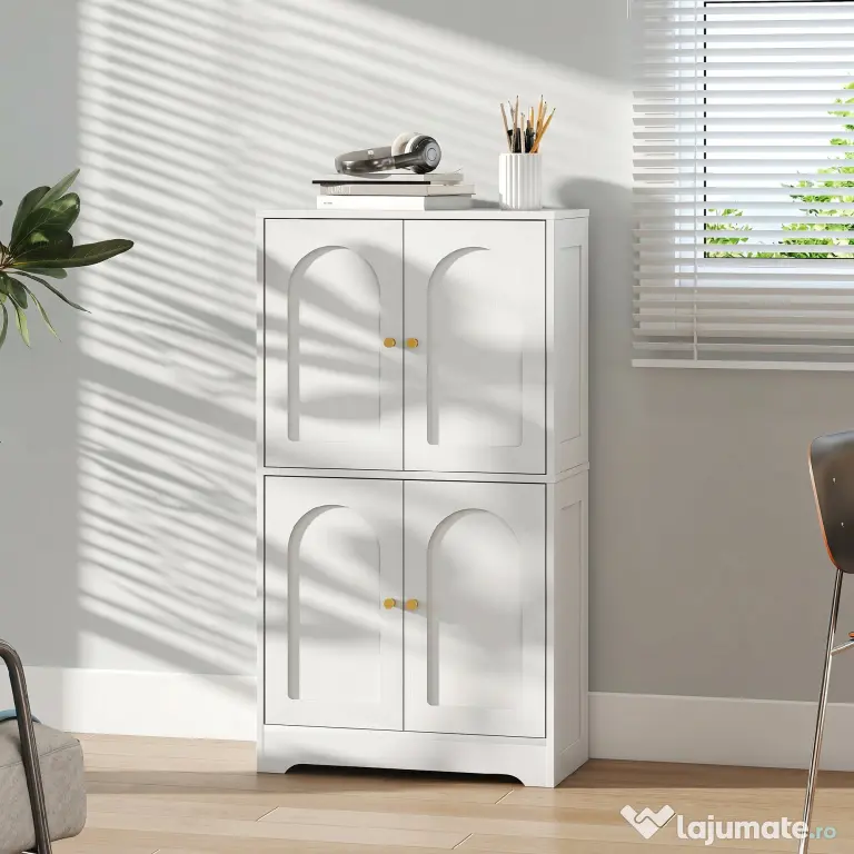 HOMCOM Comodă Bucătărie, Dulap Bucătărie cu 2 Dulapuri, 4 Uși Arcuite, 2 Rafturi Reglabile, cu Dispozitiv Anti-Răsturnare, 60x30x110 cm, pentru Sala de Masă, Living, Alb | Aosom Romania