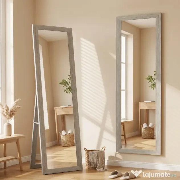 HOMCOM Oglindă Autoportantă Modernă, 37x157 cm, Oglindă de Perete și de Podea în Mărime Naturală cu Ramă din Lemn și Suport, pentru Dormitor, Living și Hol, Gri | Aosom Romania