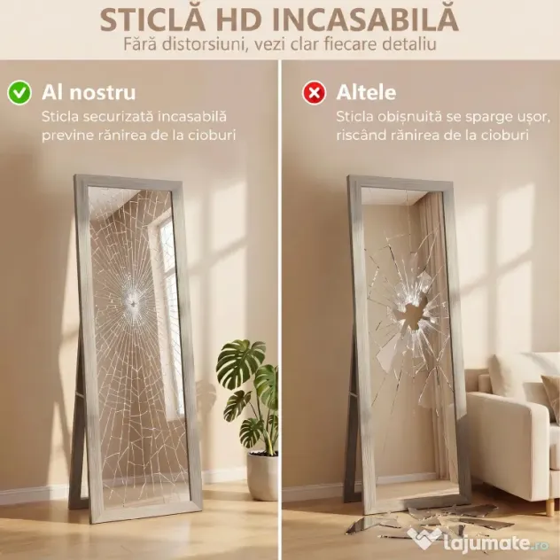 HOMCOM Oglindă Autoportantă Modernă, 37x157 cm, Oglindă de Perete și de Podea în Mărime Naturală cu Ramă din Lemn și Suport, pentru Dormitor, Living și Hol, Gri | Aosom Romania