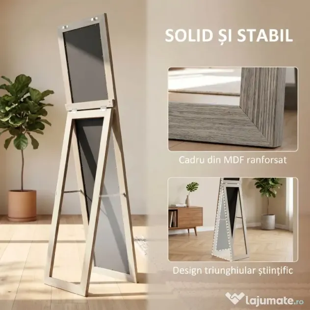HOMCOM Oglindă Autoportantă Modernă, 37x157 cm, Oglindă de Perete și de Podea în Mărime Naturală cu Ramă din Lemn și Suport, pentru Dormitor, Living și Hol, Gri | Aosom Romania