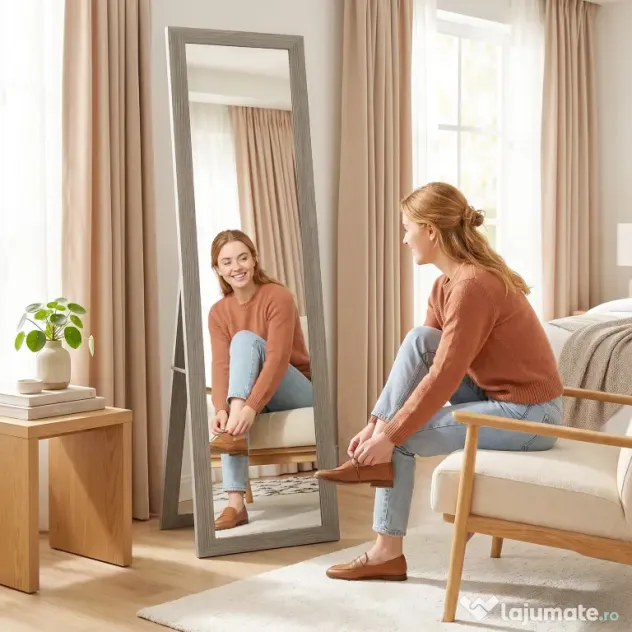 HOMCOM Oglindă Autoportantă Modernă, 37x157 cm, Oglindă de Perete și de Podea în Mărime Naturală cu Ramă din Lemn și Suport, pentru Dormitor, Living și Hol, Gri | Aosom Romania