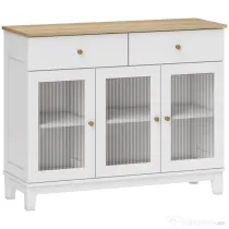 HOMCOM Bufet Bucătărie cu 2 Dulapuri și 2 Sertare, Uși din Sticlă Securizată Canelată, Bufet Sufragerie cu Rafturi Ajustabile, pentru Living sau Sufragerie, 100x35x80.3 cm, Alb și Stejar | Aosom Romania