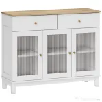 HOMCOM Bufet de Bucătărie cu 2 Sertare și 2 Dulapuri cu Uși din Sticlă, din Lemn, 100x35x80,3 cm, Alb și Stejar