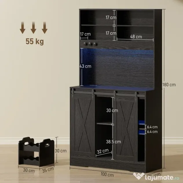 HOMCOM Bufet de Bucătărie cu Suport pentru Sticle, Priză și Iluminare LED, Negru | Aosom Romania