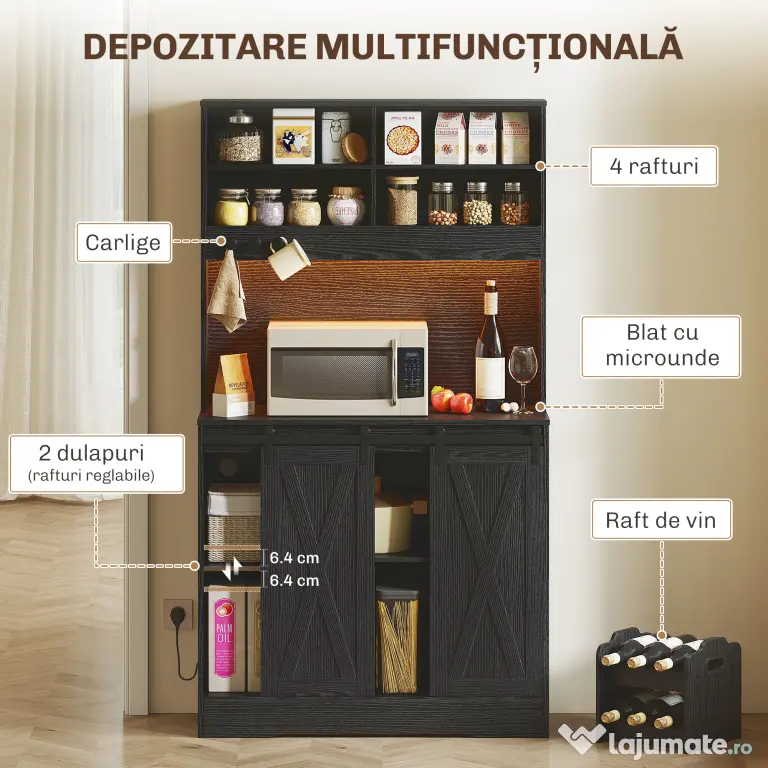 HOMCOM Bufet de Bucătărie cu Suport pentru Sticle, Priză și Iluminare LED, Negru | Aosom Romania