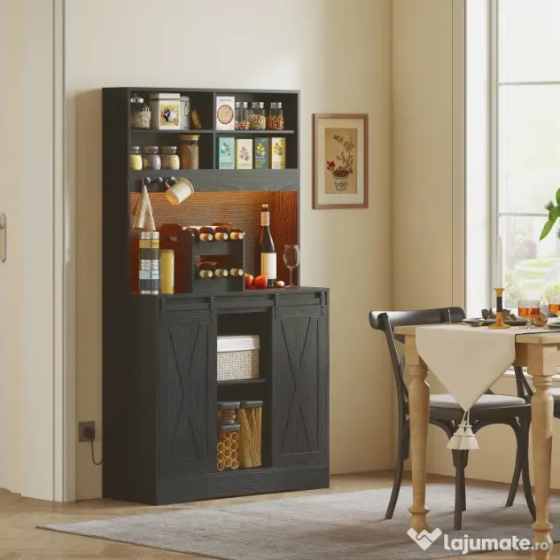 HOMCOM Bufet de Bucătărie cu Suport pentru Sticle, Priză și Iluminare LED, Negru | Aosom Romania