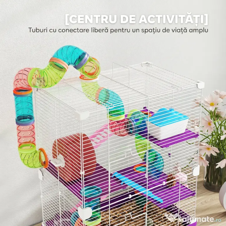 PawHut Cușcă pentru Hamsteri pe 5 Niveluri, cu Tuburi, Roată, Scări, Căsuță și Biberon, 46 x 30 x 58 cm, Mov | Aosom Romania