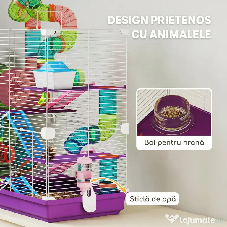 PawHut Cușcă pentru Hamsteri pe 5 Niveluri, cu Tuburi, Roată, Scări, Căsuță și Biberon, 46 x 30 x 58 cm, Mov | Aosom Romania