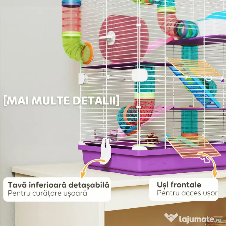 PawHut Cușcă pentru Hamsteri pe 5 Niveluri, cu Tuburi, Roată, Scări, Căsuță și Biberon, 46 x 30 x 58 cm, Mov | Aosom Romania