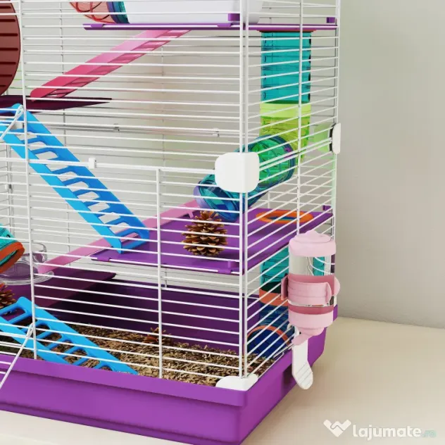 PawHut Cușcă pentru Hamsteri pe 5 Niveluri, cu Tuburi, Roată, Scări, Căsuță și Biberon, 46 x 30 x 58 cm, Mov | Aosom Romania