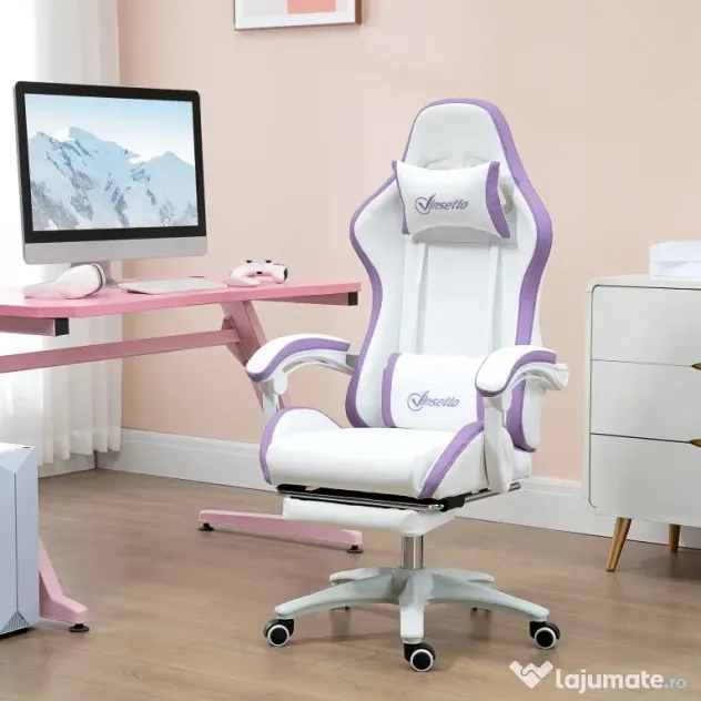 Vinsetto Scaun Gaming Reglabil pe Înălțime cu Tetieră, Alb și Mov | Aosom Romania