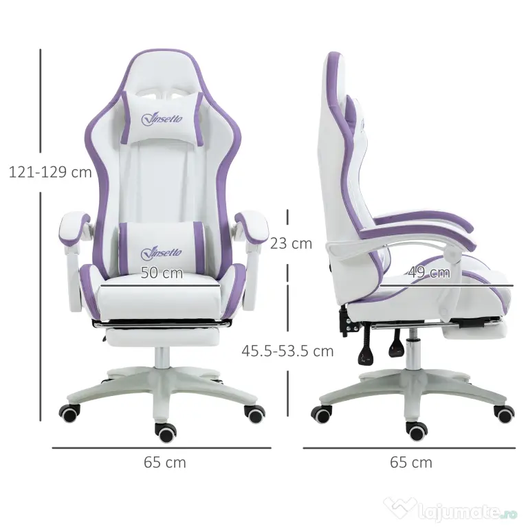 Vinsetto Scaun Gaming Reglabil pe Înălțime cu Tetieră, Alb și Mov | Aosom Romania