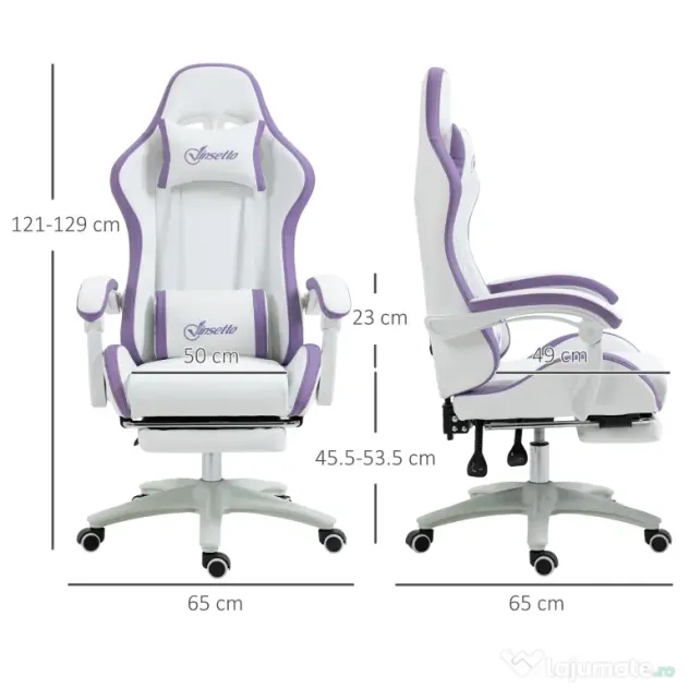 Vinsetto Scaun Gaming Reglabil pe Înălțime cu Tetieră, Alb și Mov | Aosom Romania