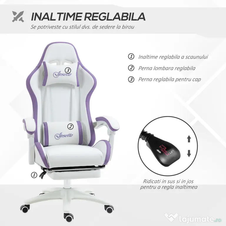 Vinsetto Scaun Gaming Reglabil pe Înălțime cu Tetieră, Alb și Mov | Aosom Romania